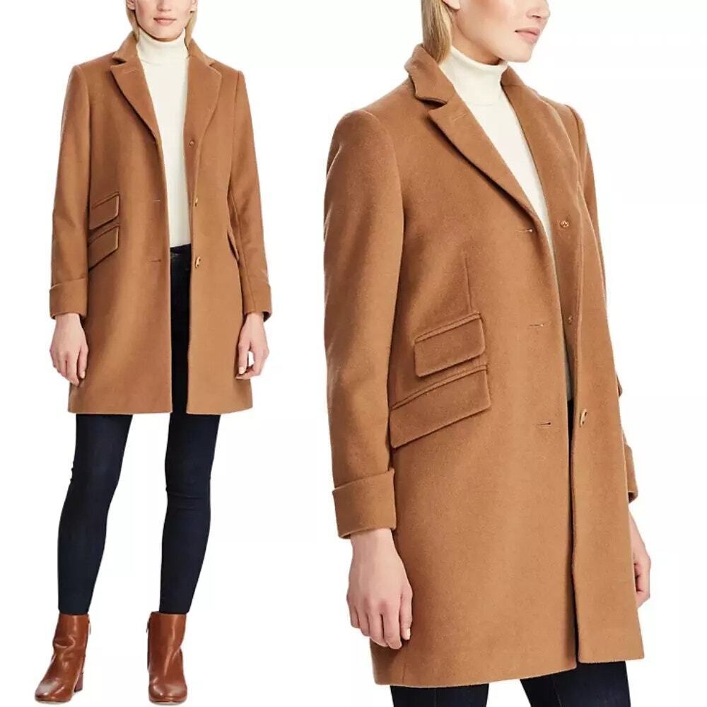 Lauren Ralph Lauren Wool Blend Three-Button Reefer Coat In Camel Size 12 NWT